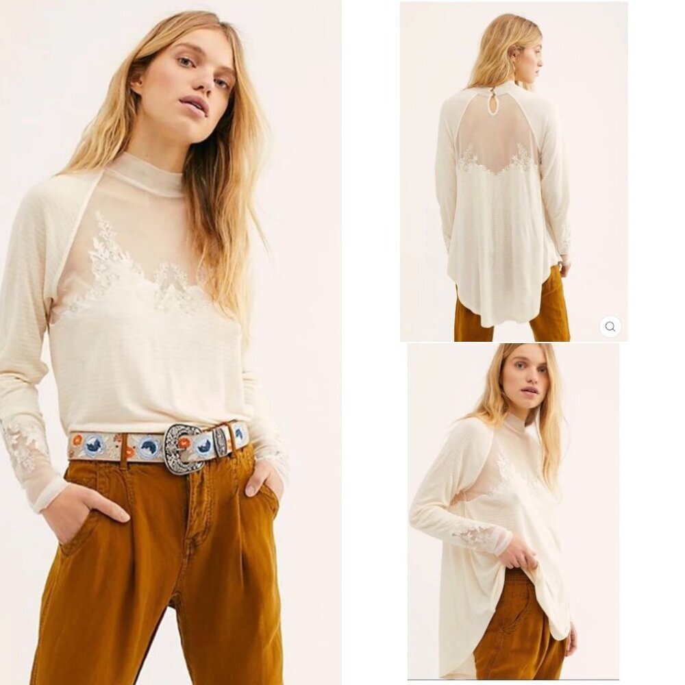 Free People Saheli Ivory White Mesh Tunic Embroidered Blouse Top Size S